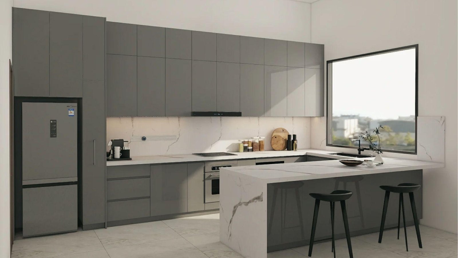 Glossy gray cabinets, white marble counters, light walls, minimalist cool-tone dark cabinet color scheme