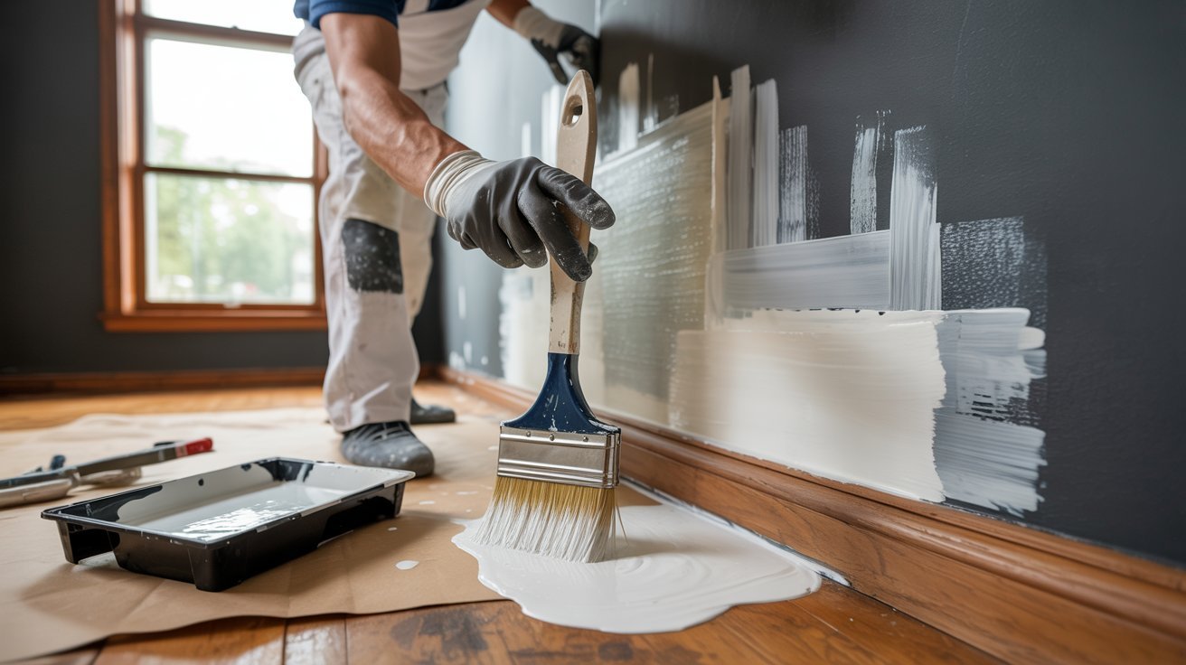 Applying primer to dark wall with brush, most latex primers need 3 hours before painting.