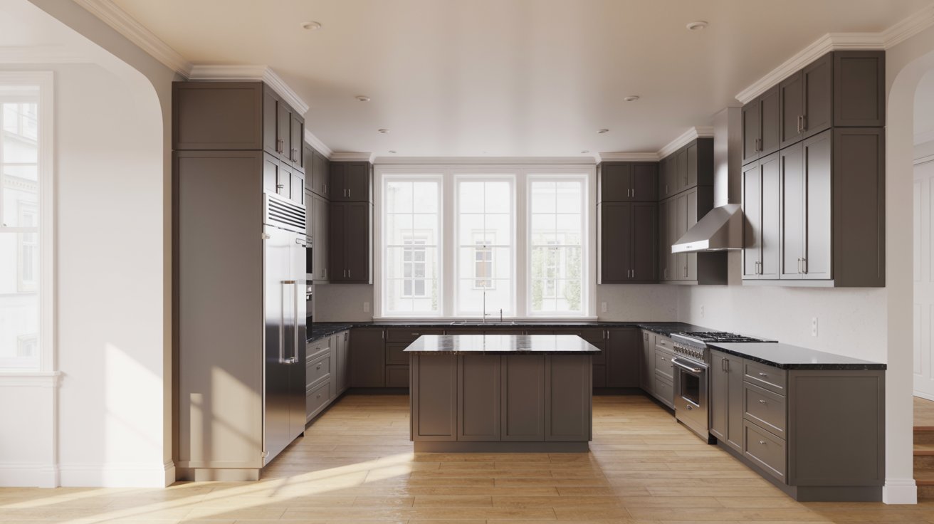 Modern kitchen with grey cabinets and warm white walls, creating a soft, inviting, and balanced interior.