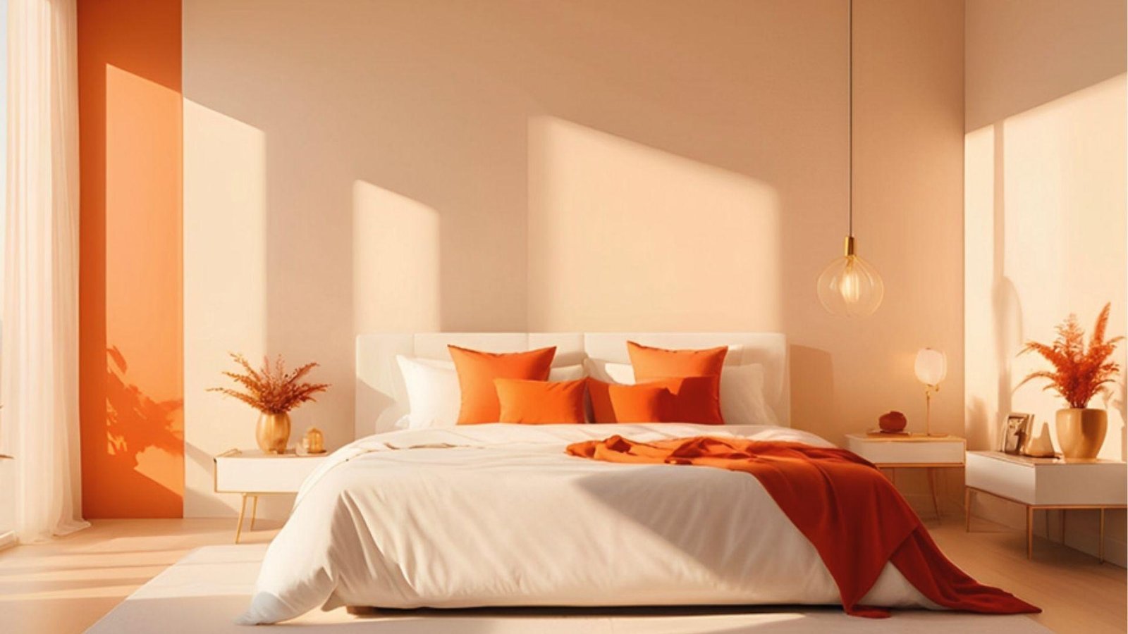 Sunlit bedroom with vertical two tone wall in terracotta and cream behind white bed with orange decor.