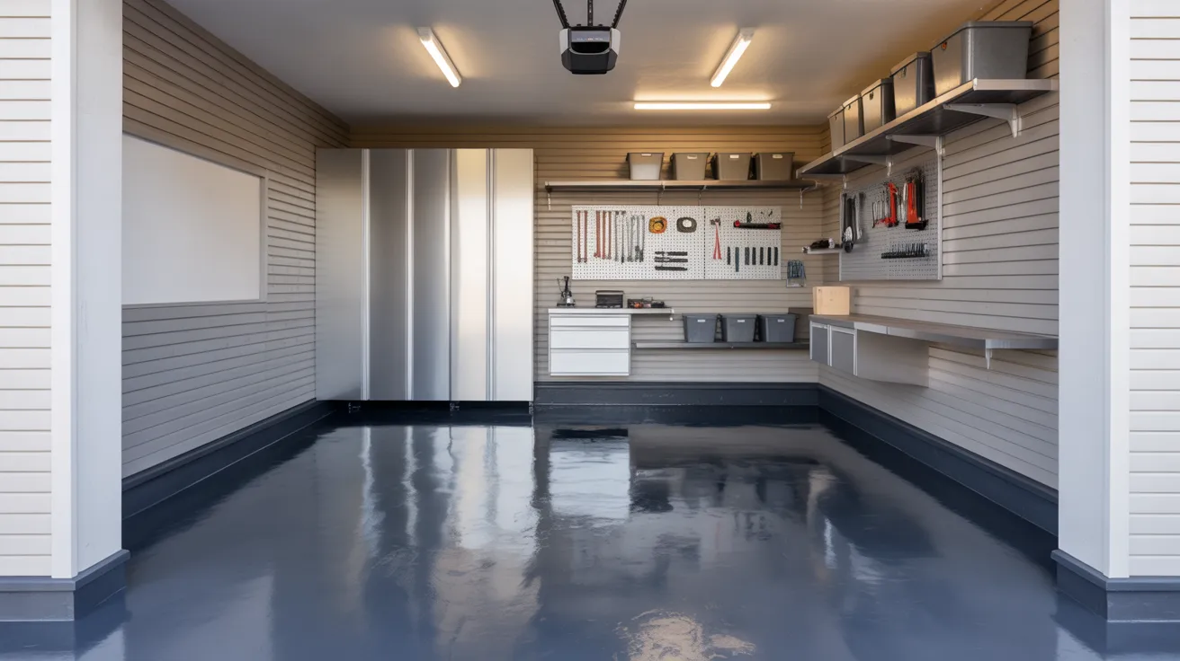 clean modern garage interior with freshly painted neutral walls and organized storage showing practical and well-lit functional space design.