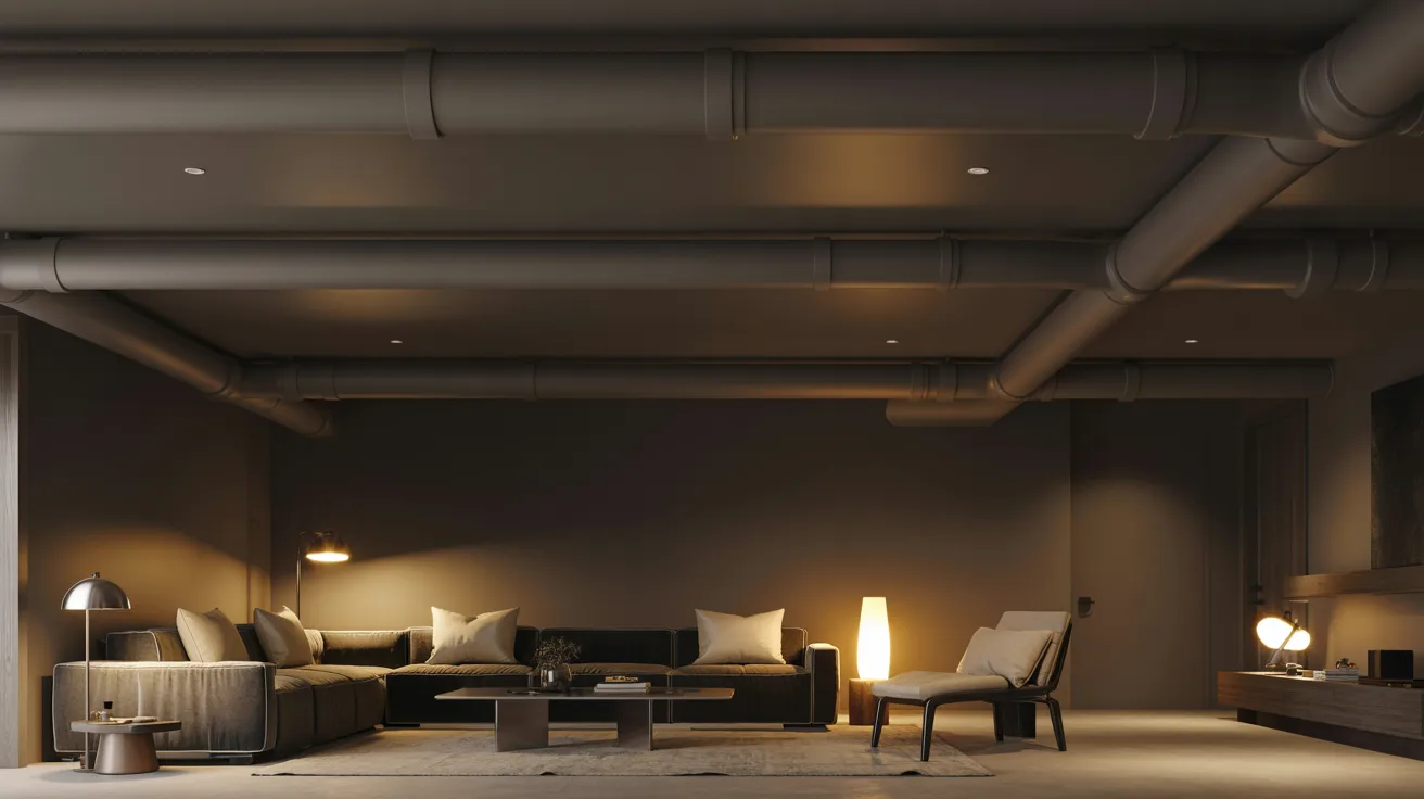 Cozy basement with black ceiling hiding pipes and ducts creating warm inviting modern functional interior design atmosphere.
