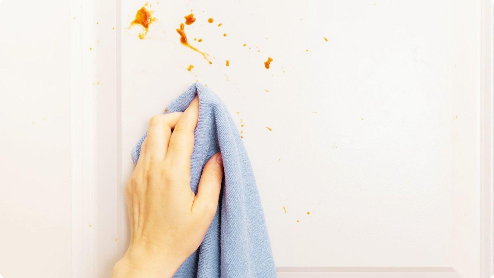 A hand uses a blue microfiber cloth to wipe food splatters and stains off a white painted cabinet door.