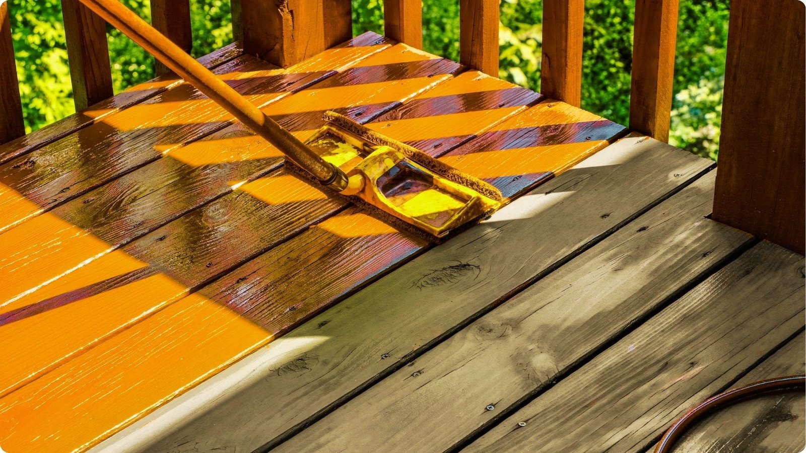 A paint pad on a pole spreads bright orange stain across a deck, with unpainted gray boards beside it.