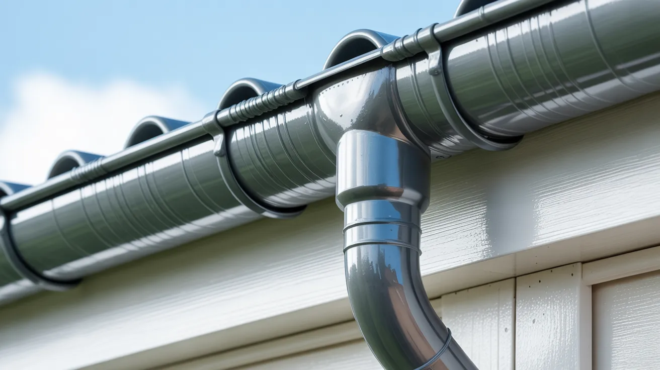 close up of smooth painted gutter surface with even coating water resistant finish and clean edges on exterior wall background.