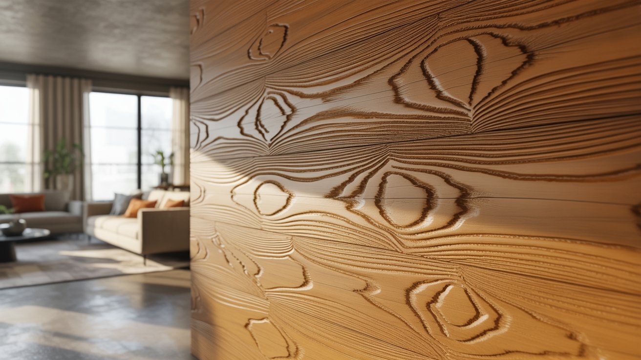 Interior wall with faux bois finish replicating realistic wood grain, knots, and paneling.