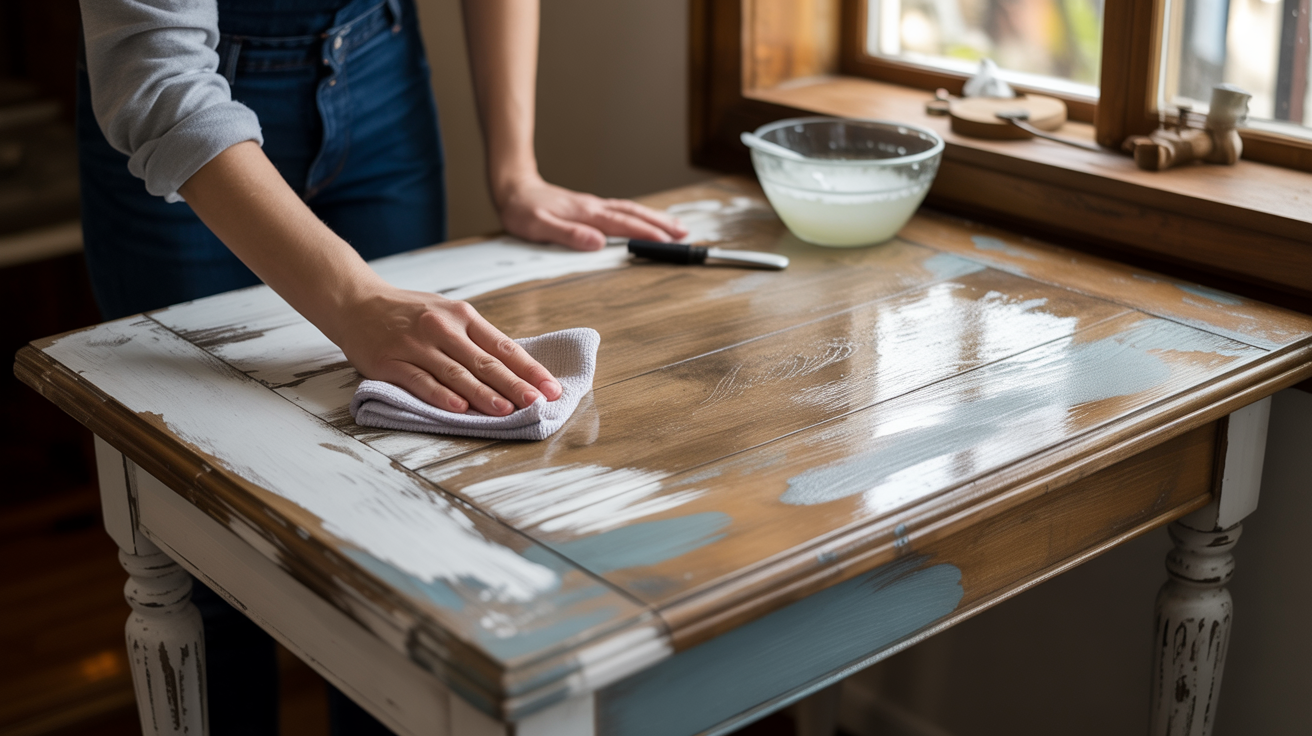 Cleaning a wooden surface before removing chalk paint.