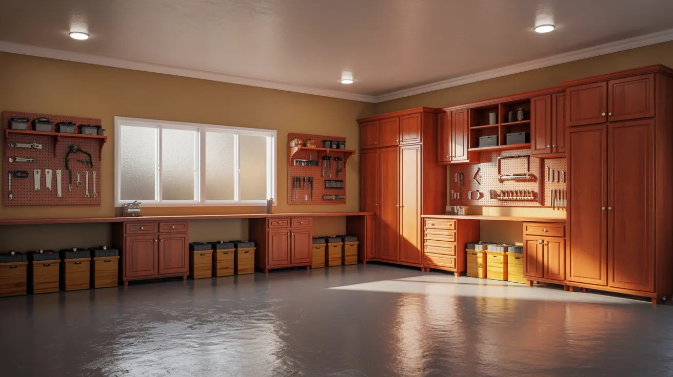 garage with beige taupe walls creating warm practical interior with soft lighting and organized everyday use space.