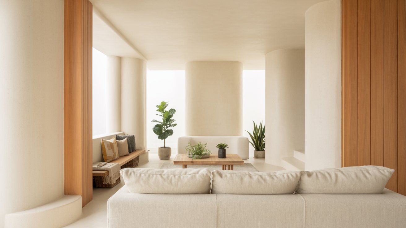 Minimalist room with white walls, natural wood finishes, and indoor plants.