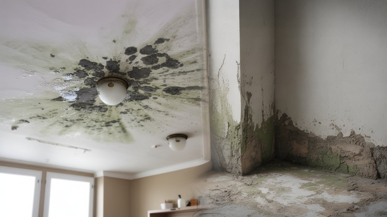 Bathroom ceiling and basement walls affected by mold growth.
