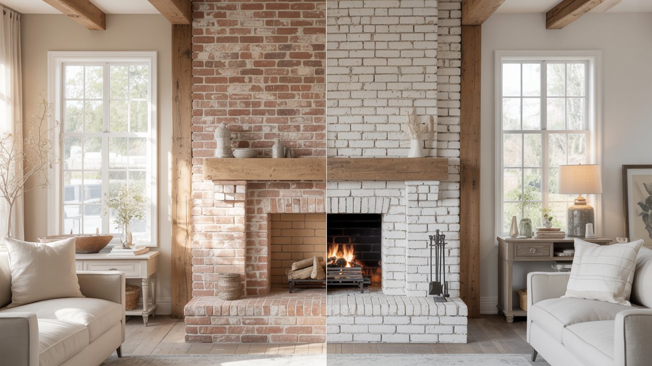 Comparison between limewash and whitewash fireplace finishes.