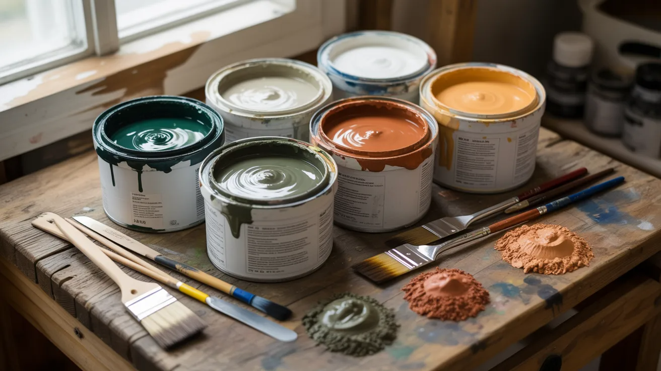 Different paint formulations and pigments displayed on a workbench.
