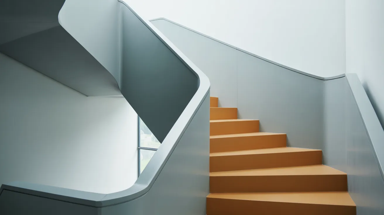 staircase with light grey railings and neutral walls showing modern simple design with subtle contrast and clean architectural finish.