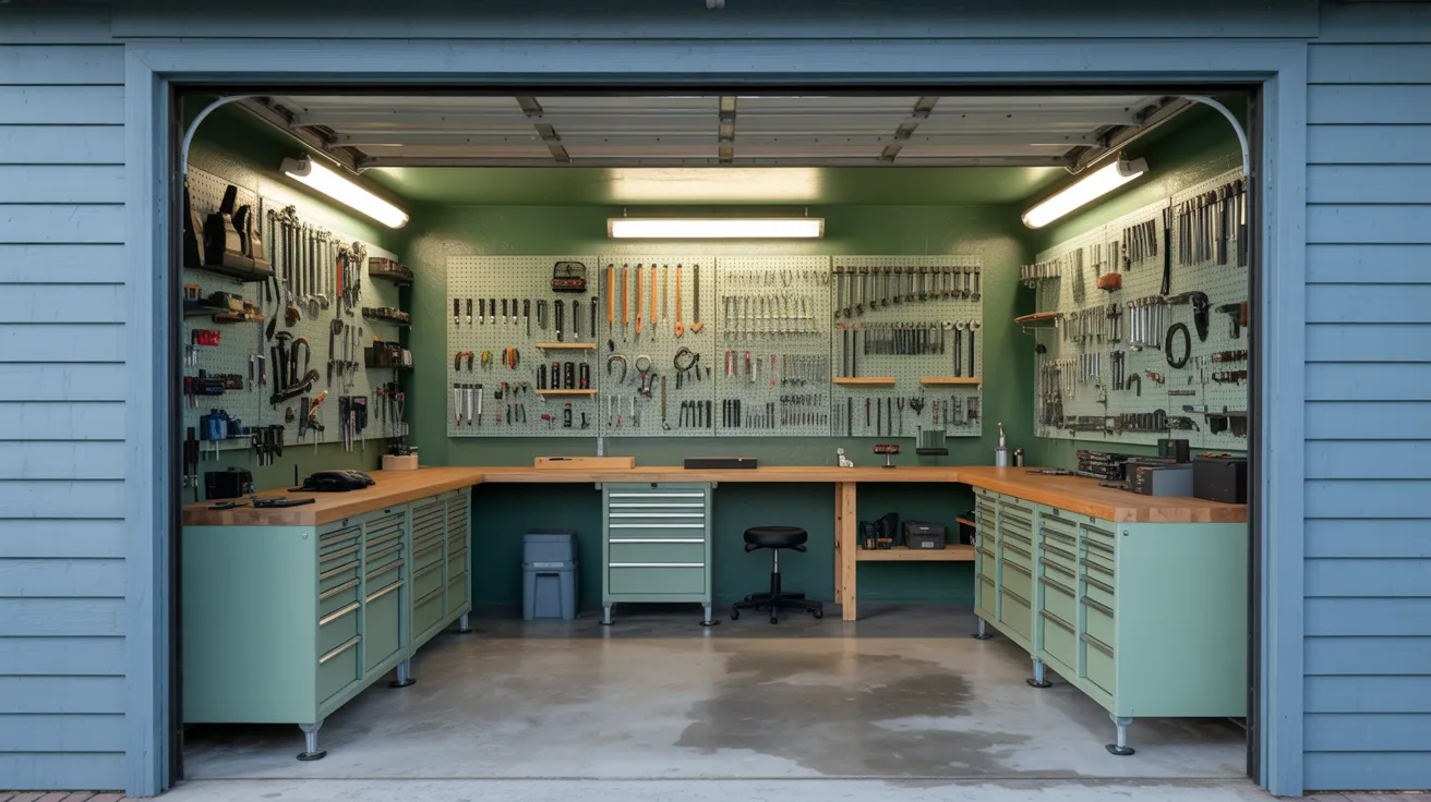 garage with soft blue and green walls creating calm organized workspace with practical lighting and tidy storage.