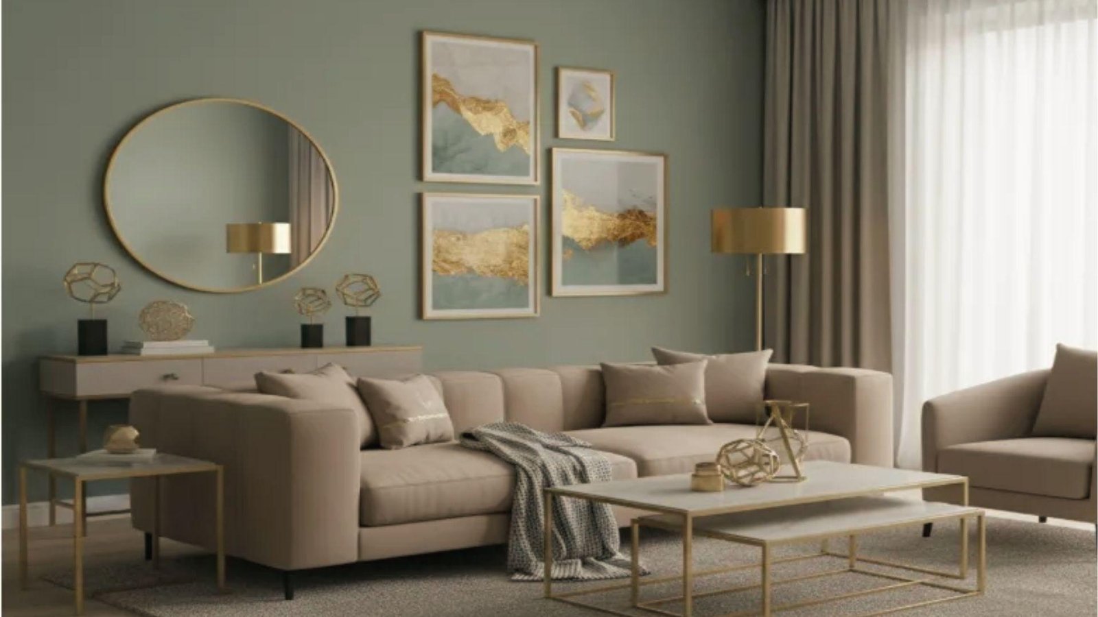 Living room with Sage Green and Bronze natural furnishings, and warm earthy decor.
