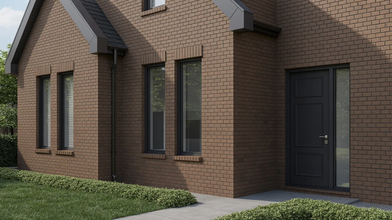 brown brick home with black trim and accents creating bold defined exterior contrast.