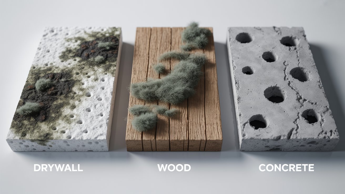 Mold growing on drywall, wood, and concrete surfaces.