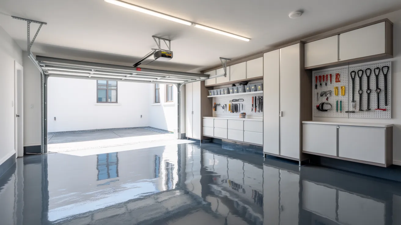 garage with white walls creating a bright spacious clean environment with reflective lighting and organized storage.