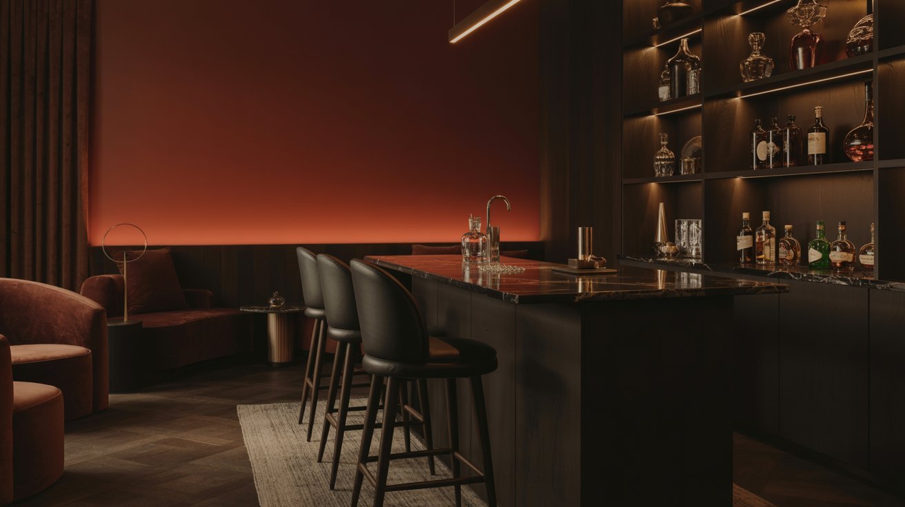 Home bar featuring wine red walls and black furnishings under warm lighting.