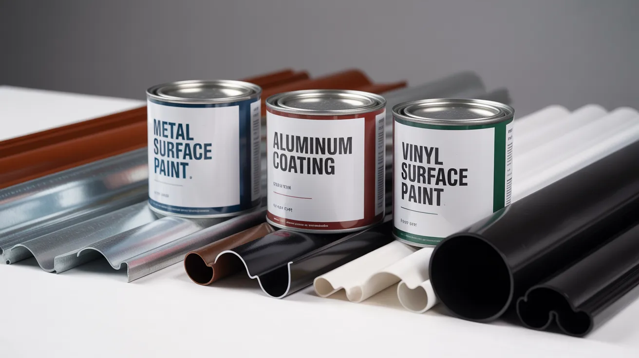 paint cans labeled for metal aluminum and vinyl surfaces placed near gutter sections showing suitable paint options for durability.