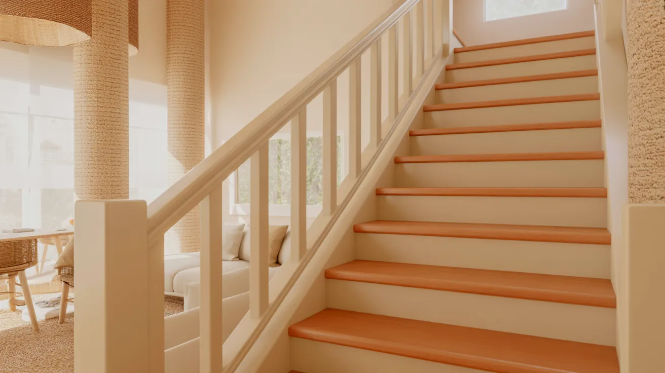 staircase with off white railings and warm wood tones creating cozy minimal interior with soft natural lighting and classy warmth.