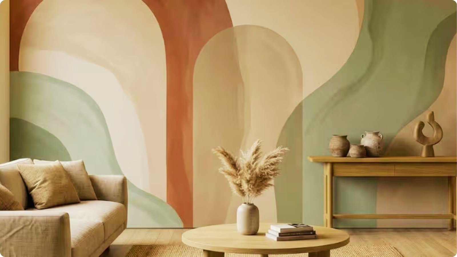 Contemporary lounge with abstract color wash faux finish in terracotta, sage, and cream arches.