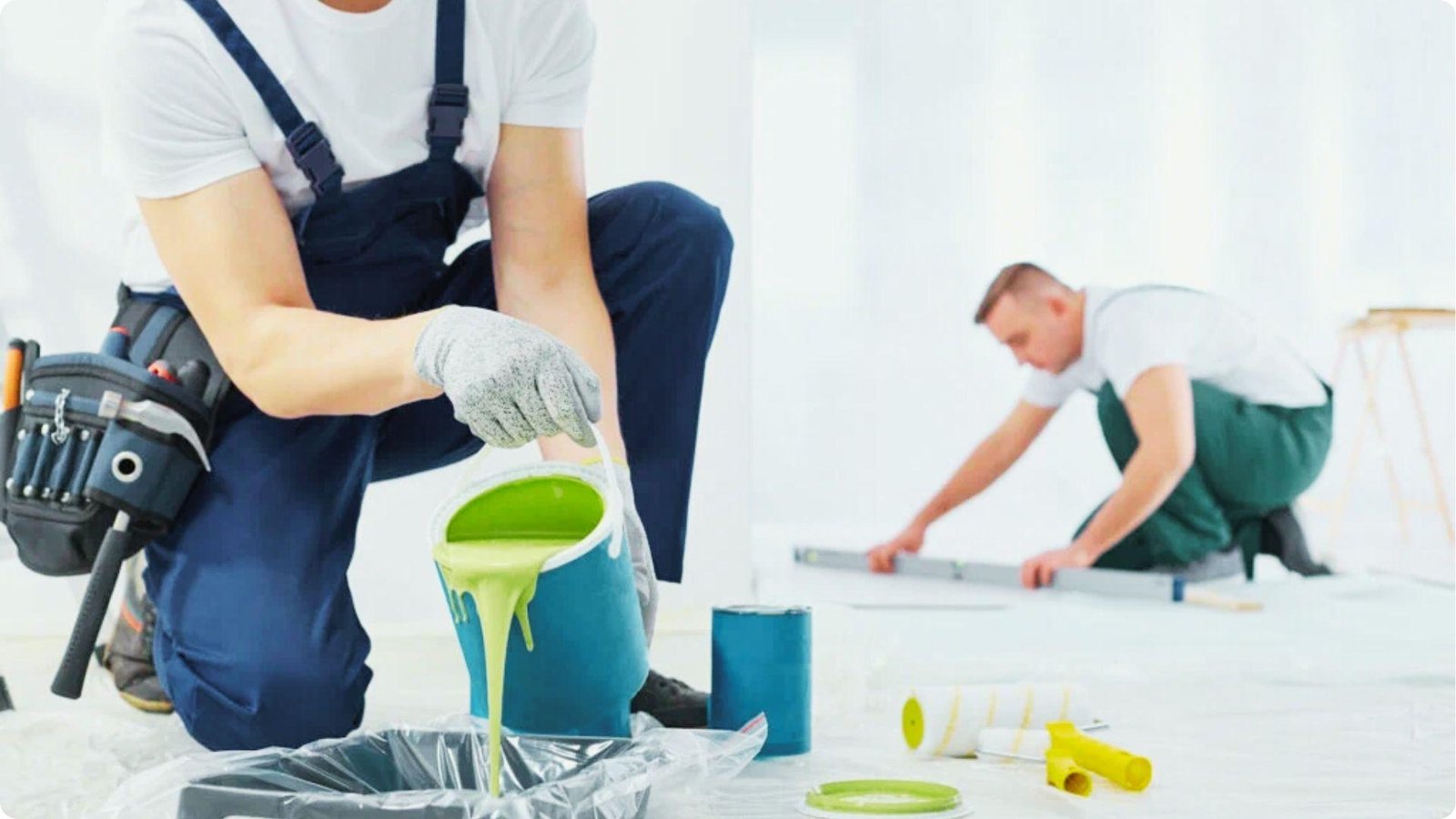 Two painters work in a bright room: one pours green paint into a tray while the other preps the floor.
