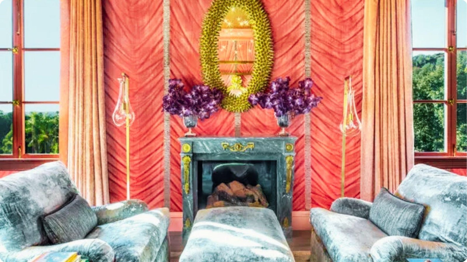 Opulent living room with coral trompe-l’œil drapery faux finish on walls, creating a draped fabric illusion.