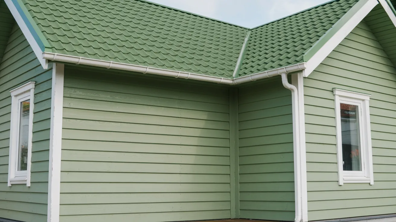 house with green painted roof and sage green walls using soft tone variation to create calm cohesive and balanced monochromatic exterior look.