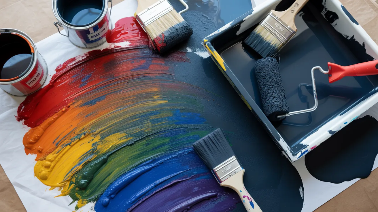 paint palette showing red blue and yellow mixing into black for wall painting with rollers tray and smooth blending process.