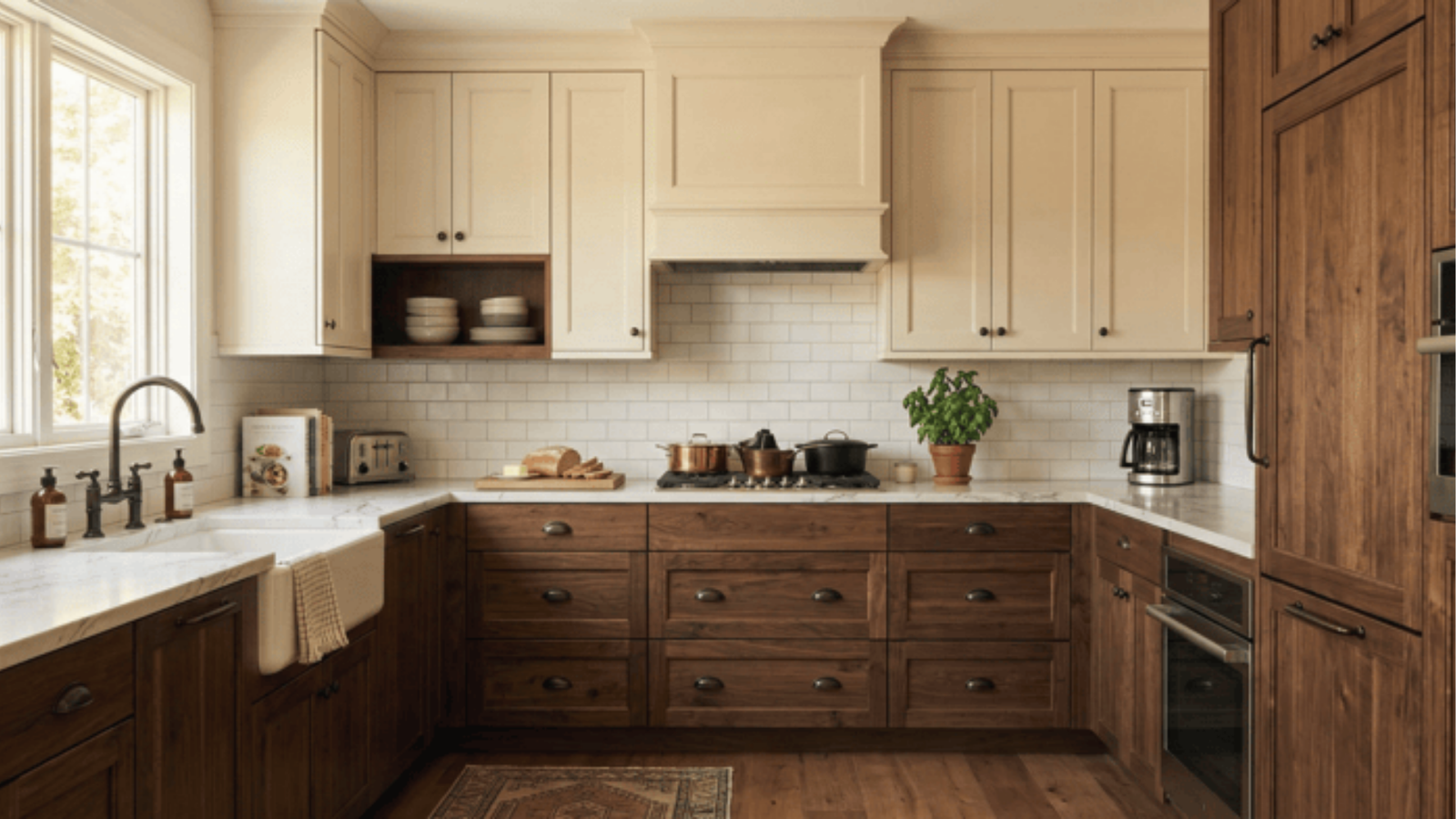 Two-tone kitchen with dark walnut lowers, cream uppers, white tile, warm rustic color balance scheme