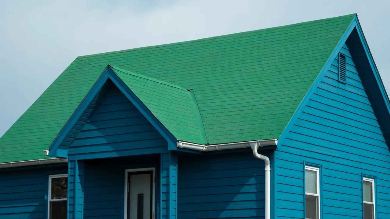 house with green painted roof and bright blue walls creating visual noise and poor color harmony resulting in unbalanced exterior design.