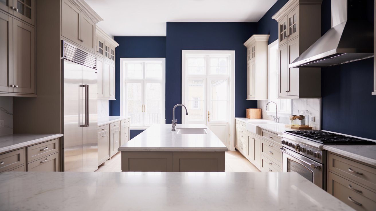 Modern kitchen with light grey cabinets and a navy blue accent wall, creating a bold and proper contrast.