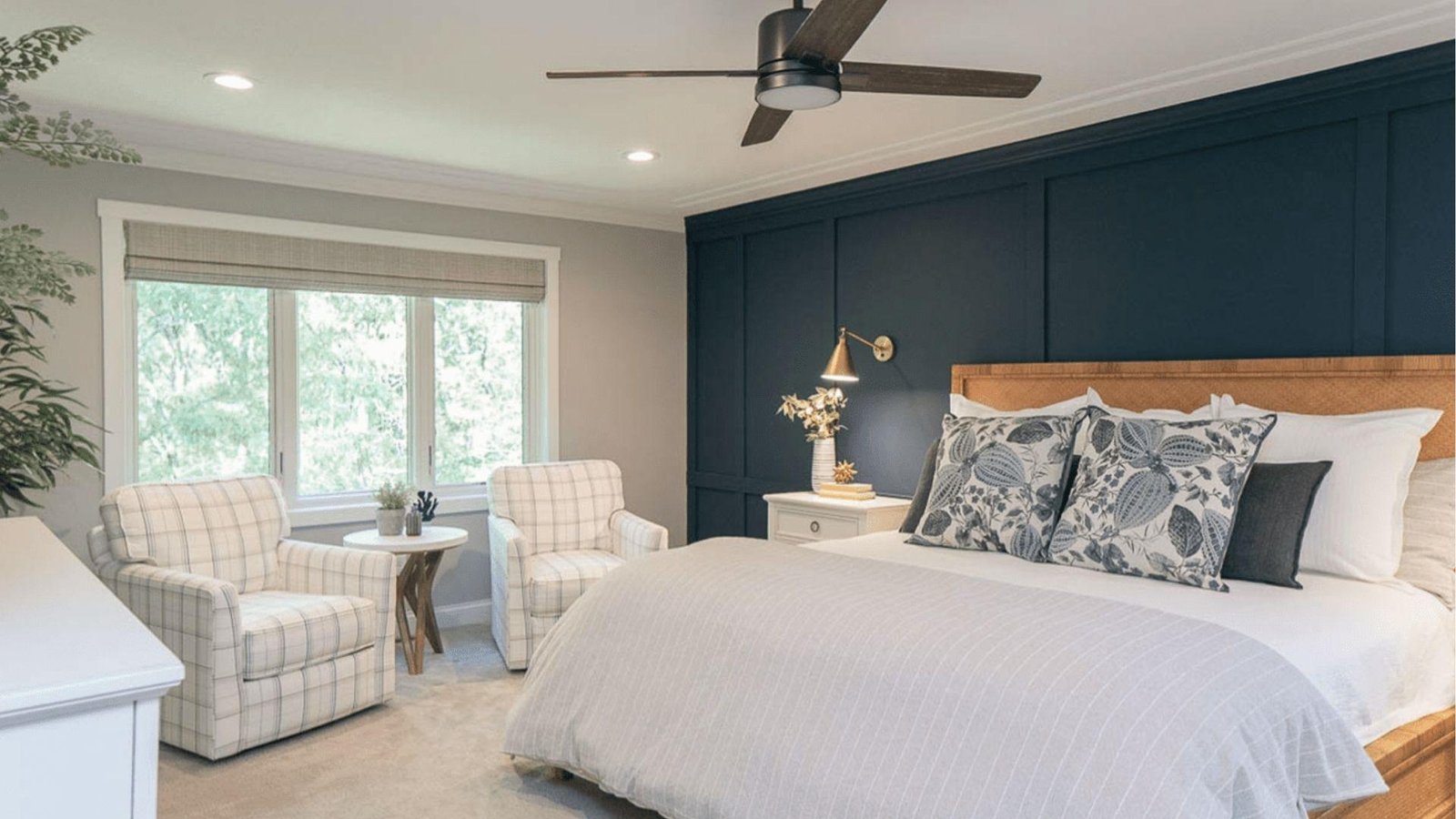Bedroom featuring cobalt blue and bright white walls.