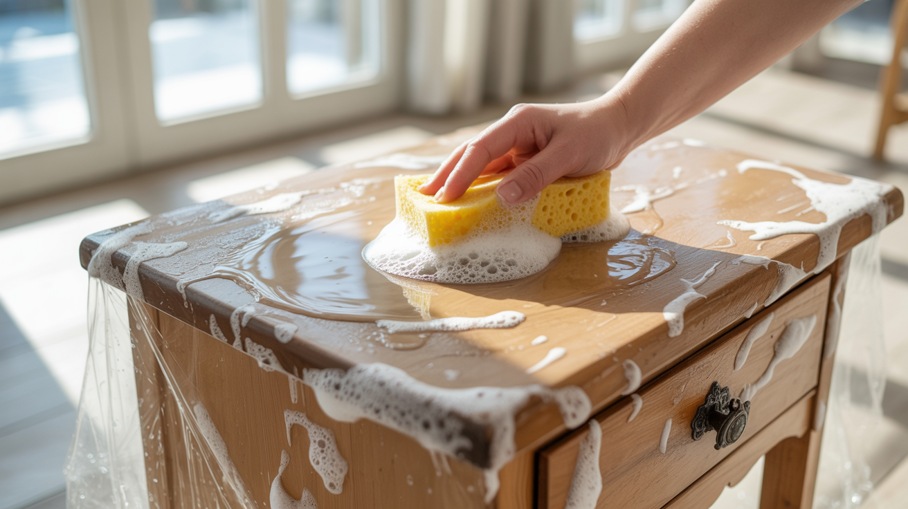 Removing chalk paint from wood using warm water and soap.