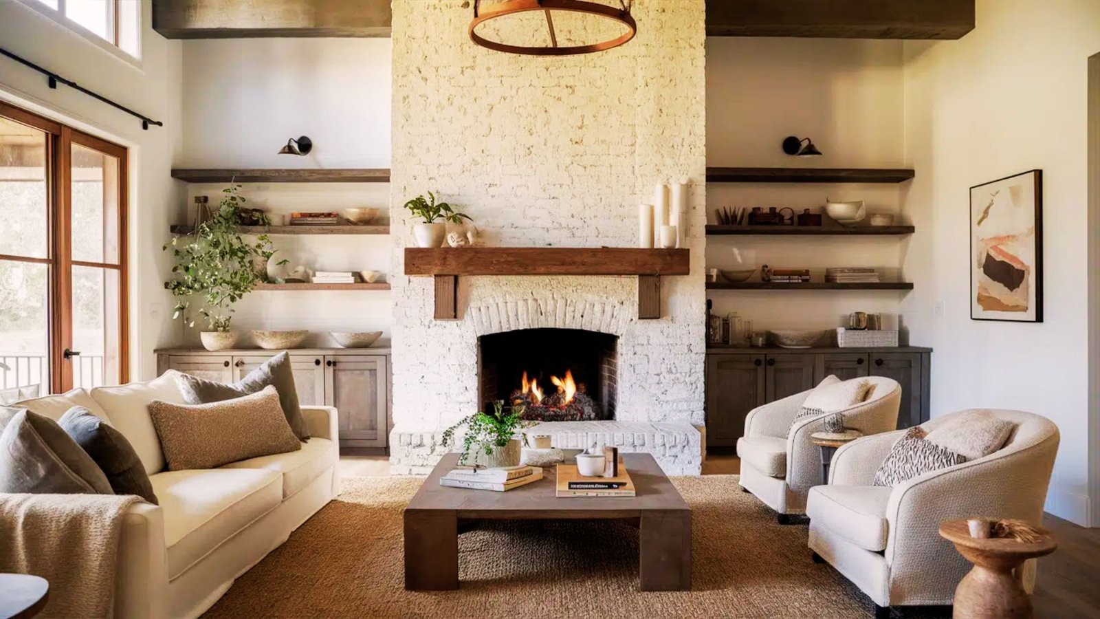 Whitewashed brick fireplace with natural brick texture showing through.