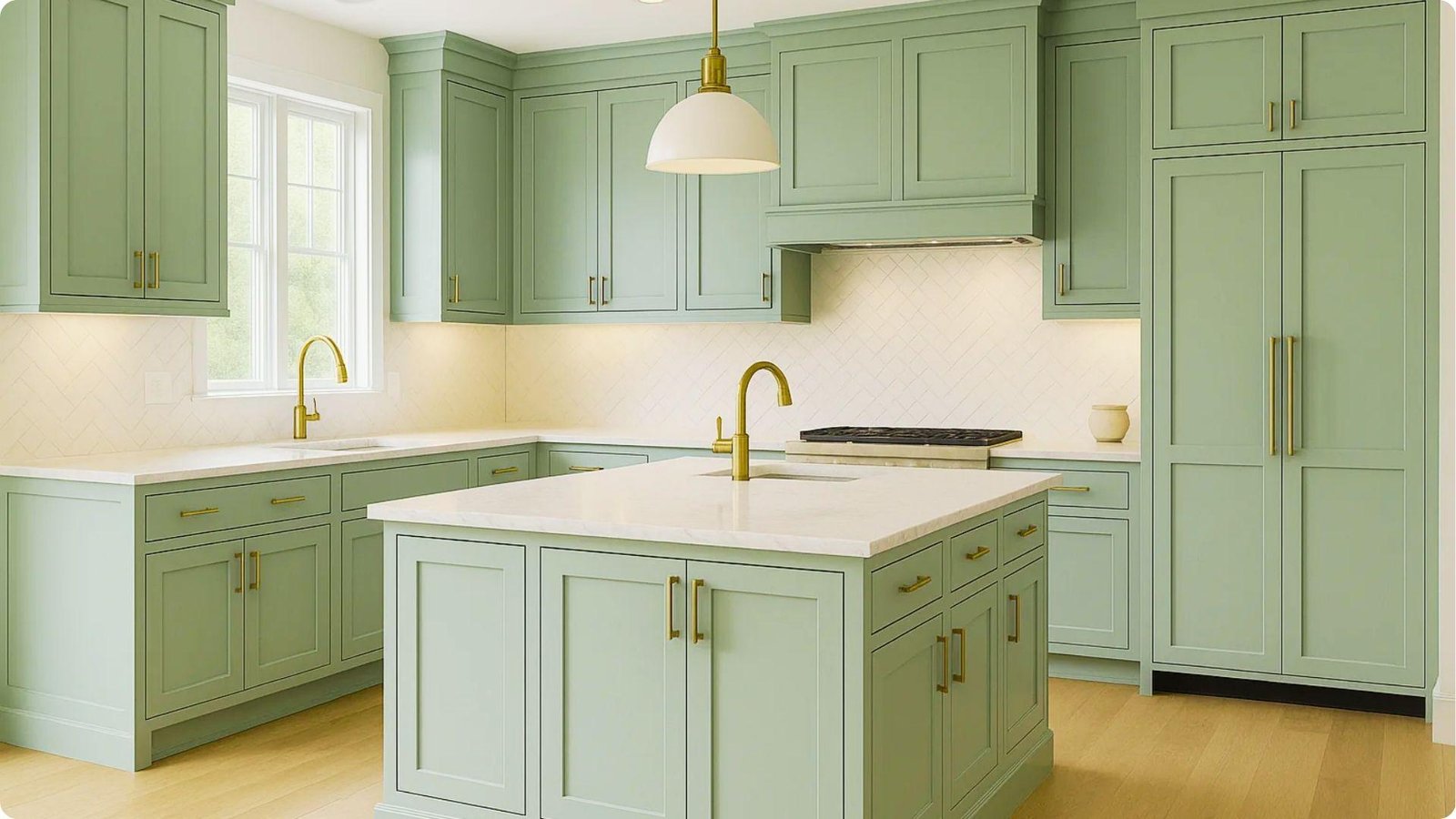 Spacious farmhouse kitchen with soft sage green shaker cabinets, white quartz island, and brass pendant light.