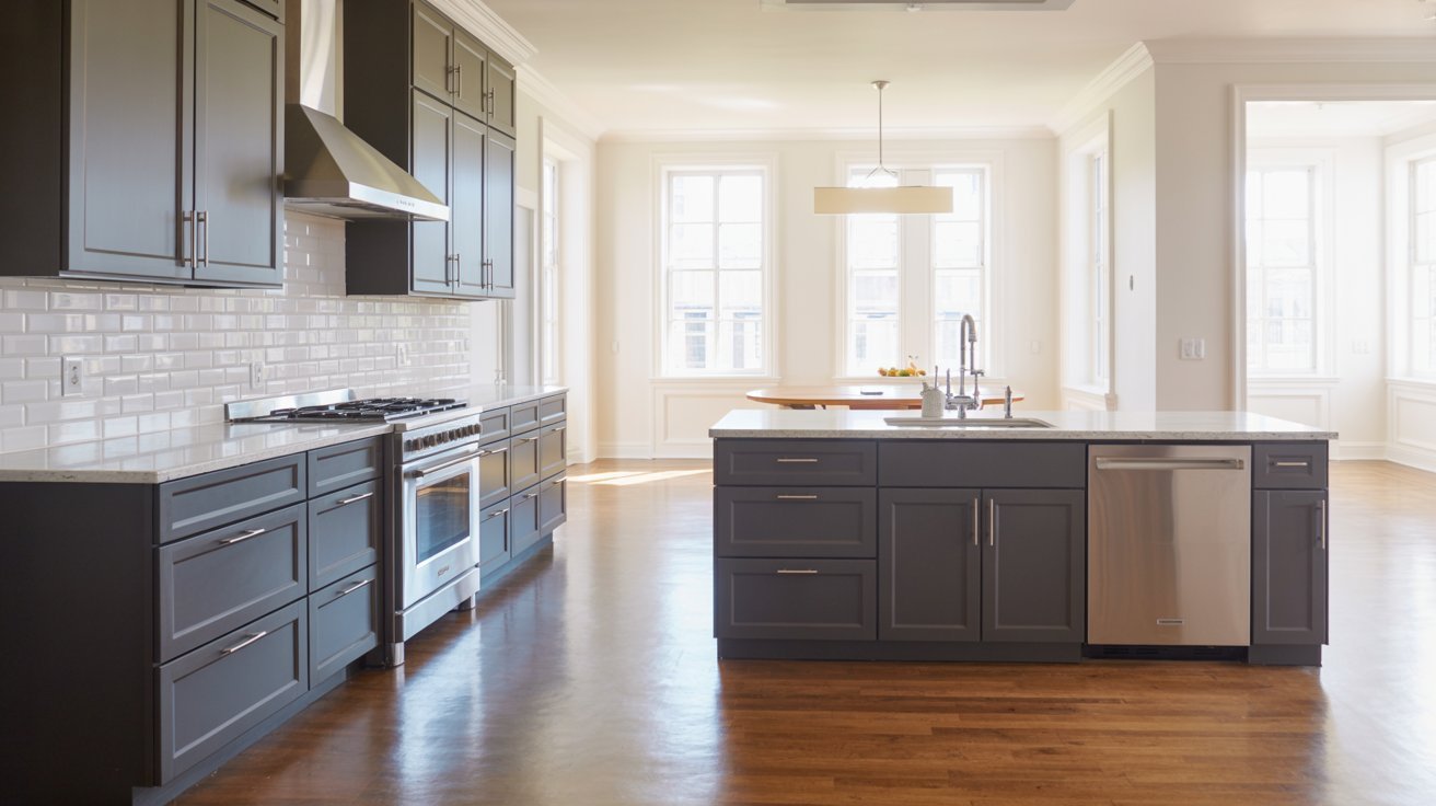 Modern kitchen with grey cabinets and crisp white walls creating a bright, clean, and contemporary look.