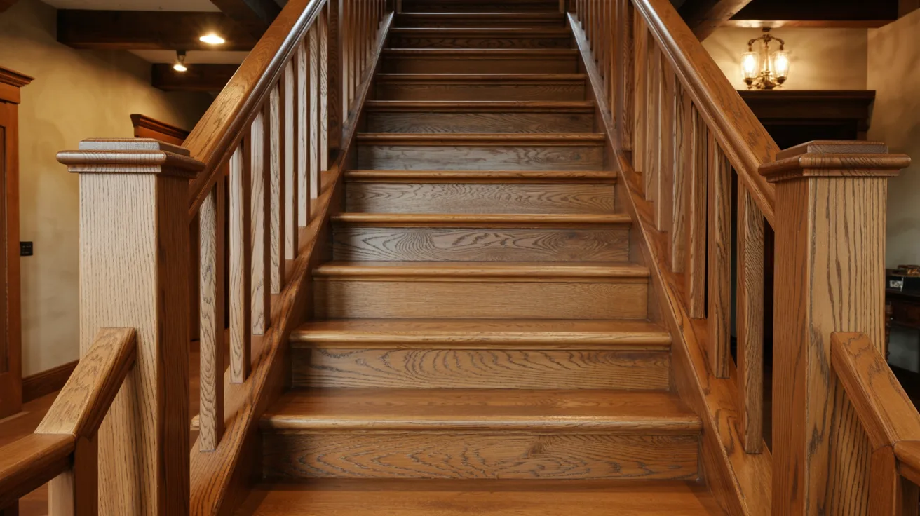 staircase with natural wood railings and steps creating warm rustic interior with rich textures and timeless traditional home style.