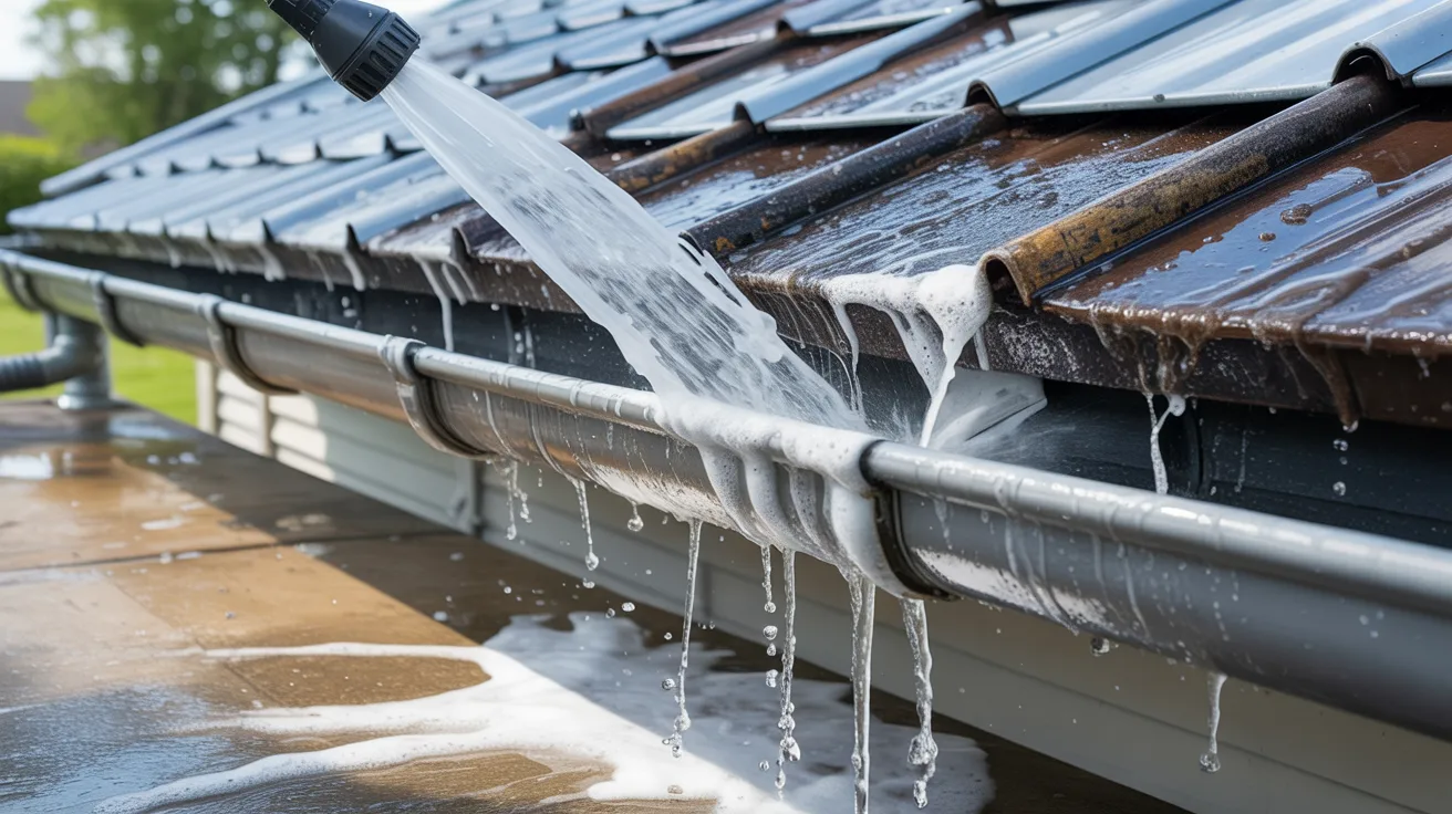 dirty gutters being cleaned with water brush and soap removing grime mildew and debris before painting for proper surface preparation.
