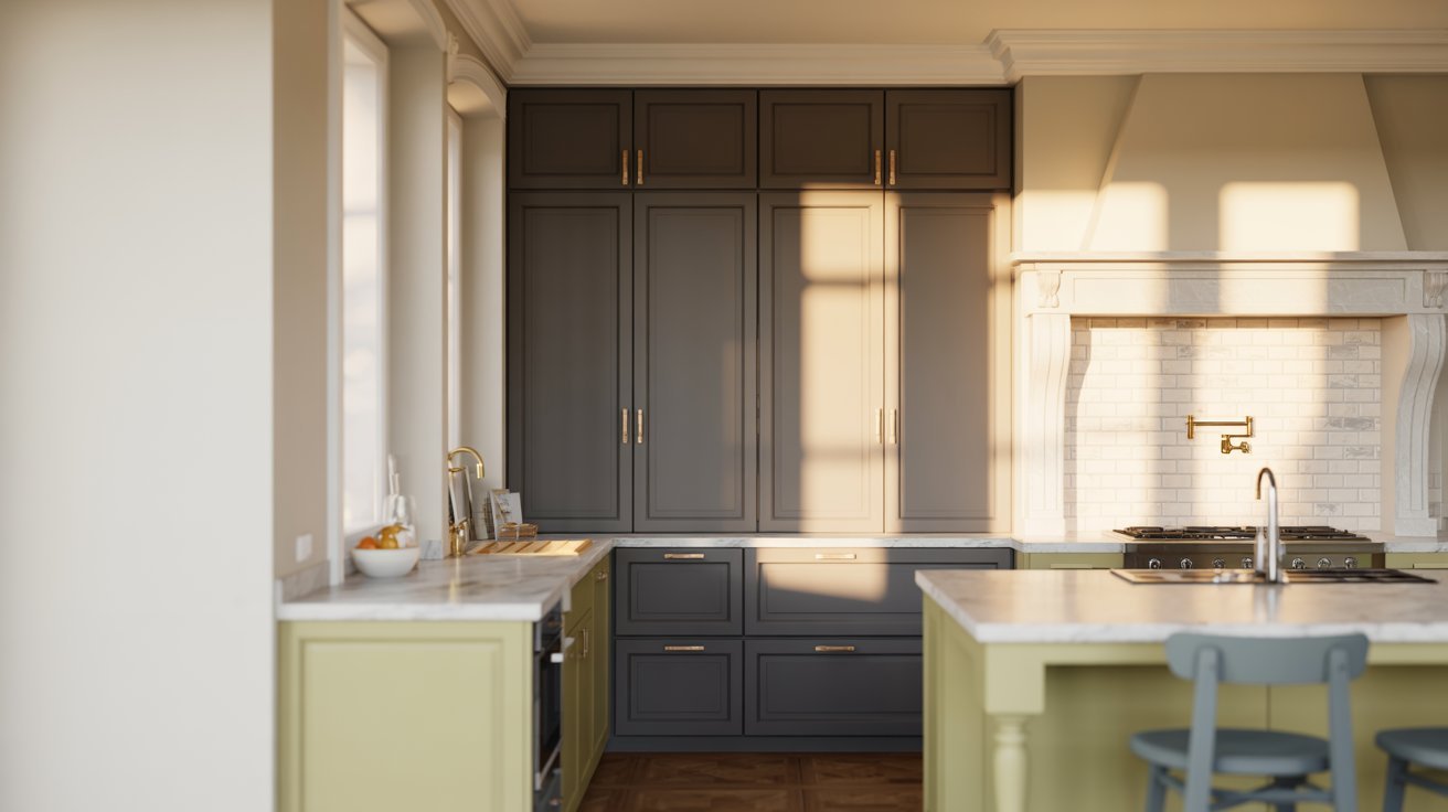 Modern kitchen featuring grey cabinets paired with complementary wall colors, marble countertops, and a bright contemporary design.