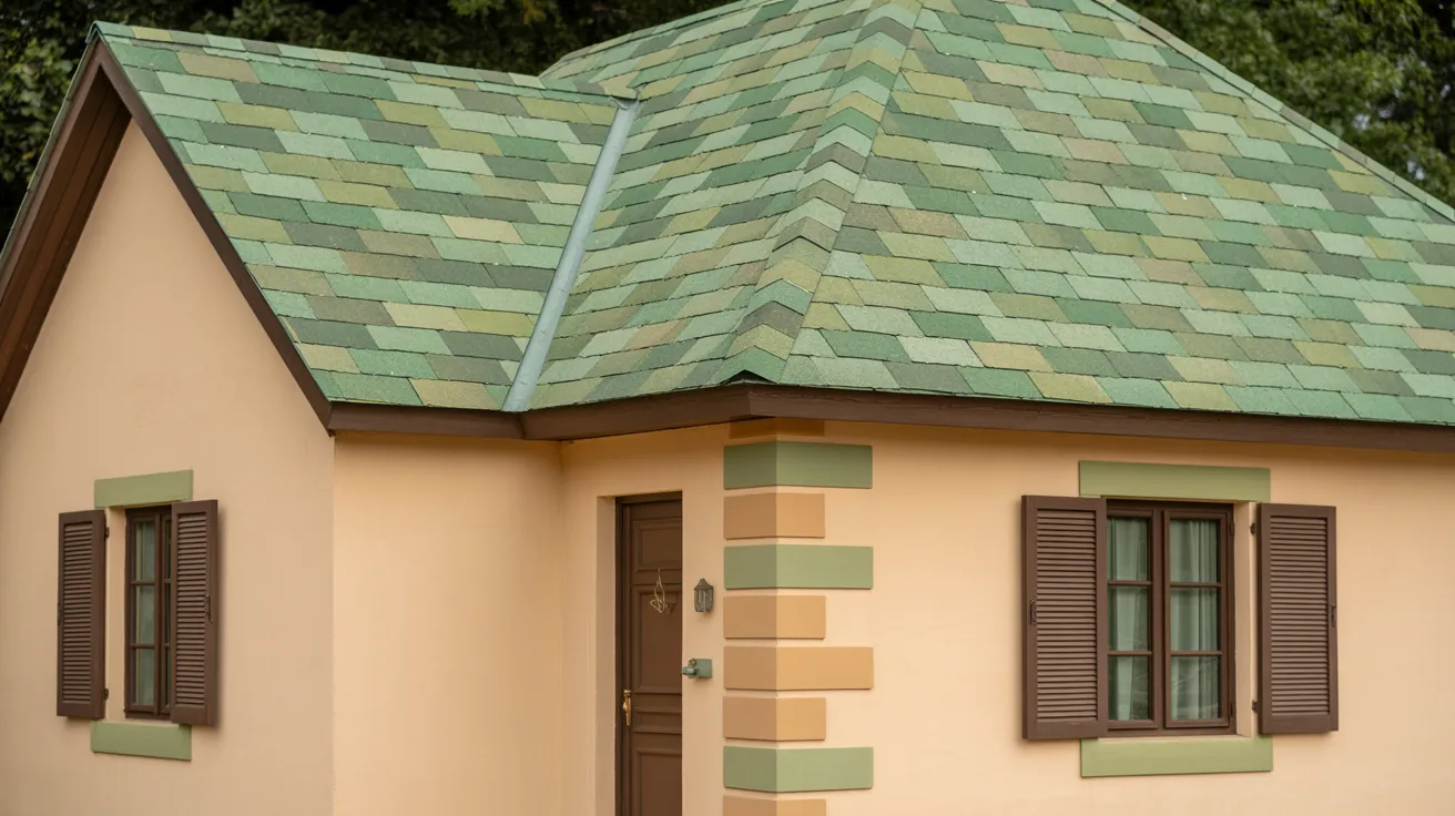 house with green painted roof and earthy accent tones like brown green and tan creating natural cohesive and balanced exterior style.