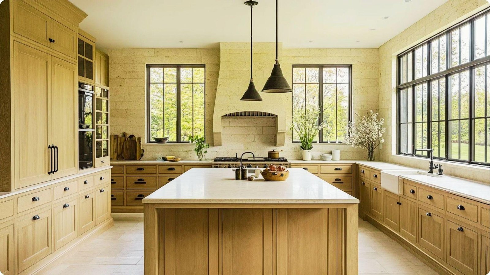 Spacious farmhouse kitchen with pale yellow stone walls and natural oak cabinets.