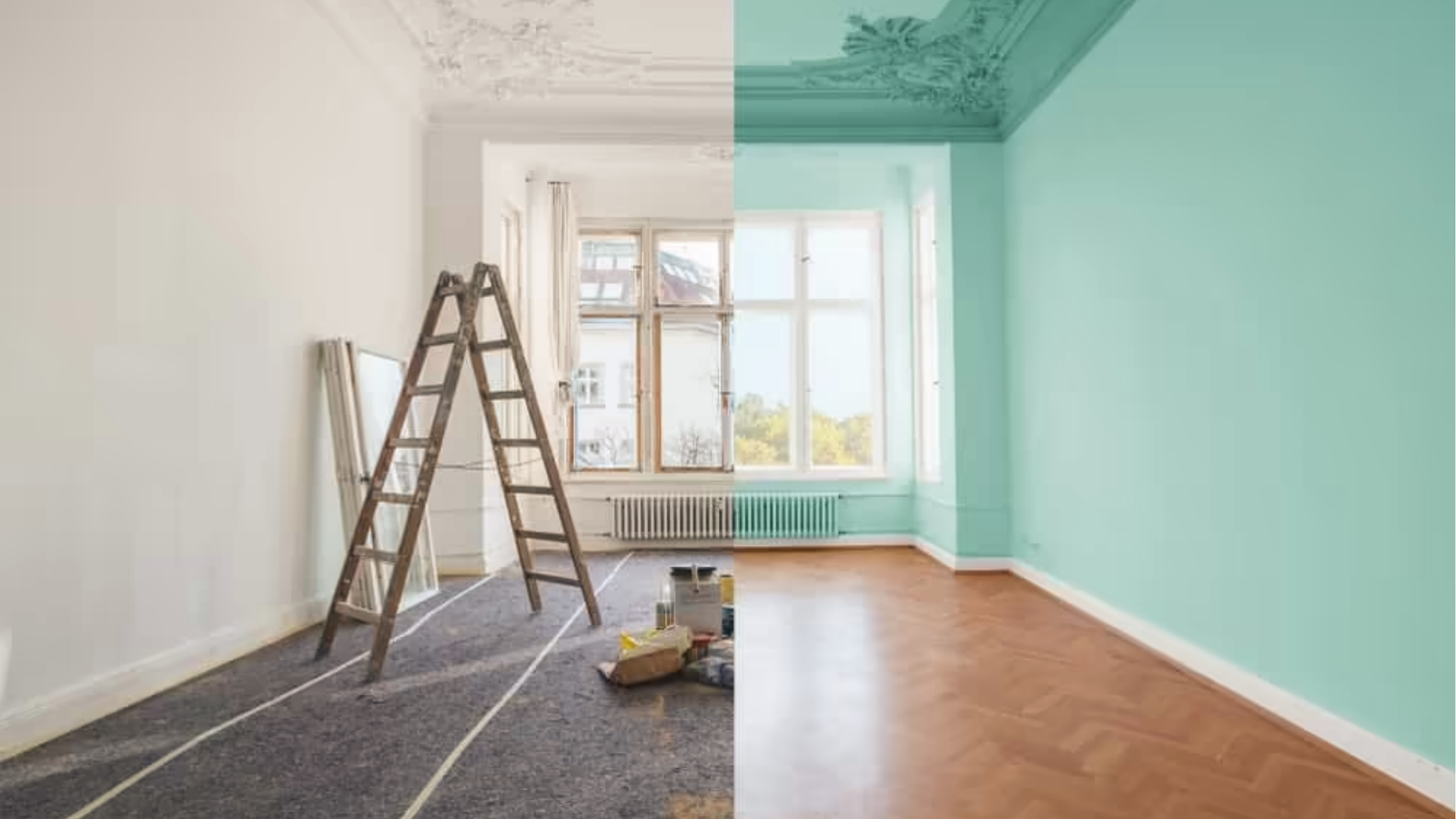 Before and after room makeover split view with white to fresh mint green wall transformation.