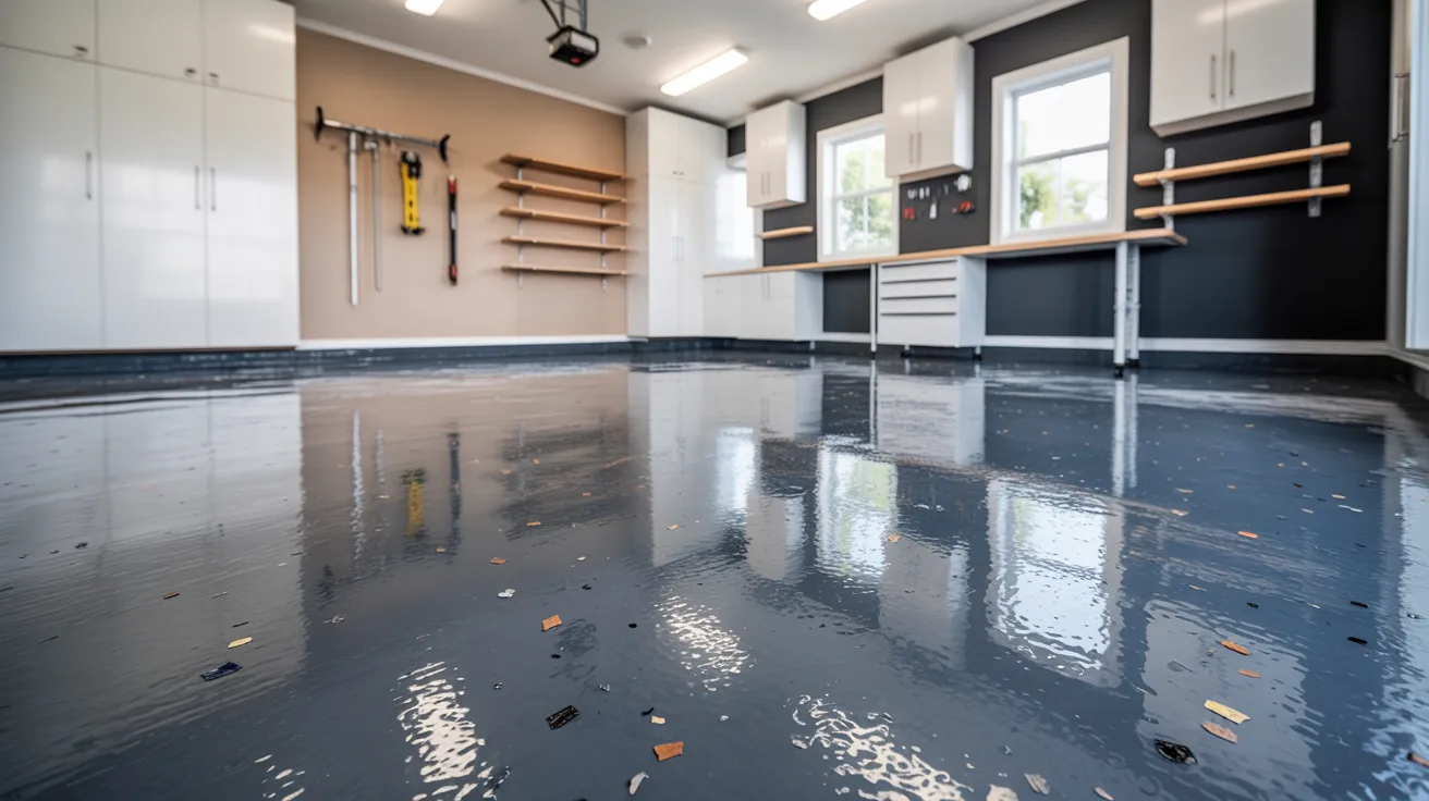 garage floor and wall color coordination showing epoxy and flake flooring with balanced neutral wall tones.