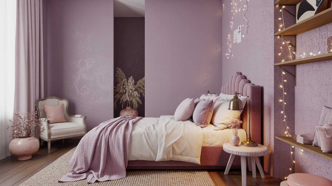 Bedroom decorated with soft purple and pink wall colors.