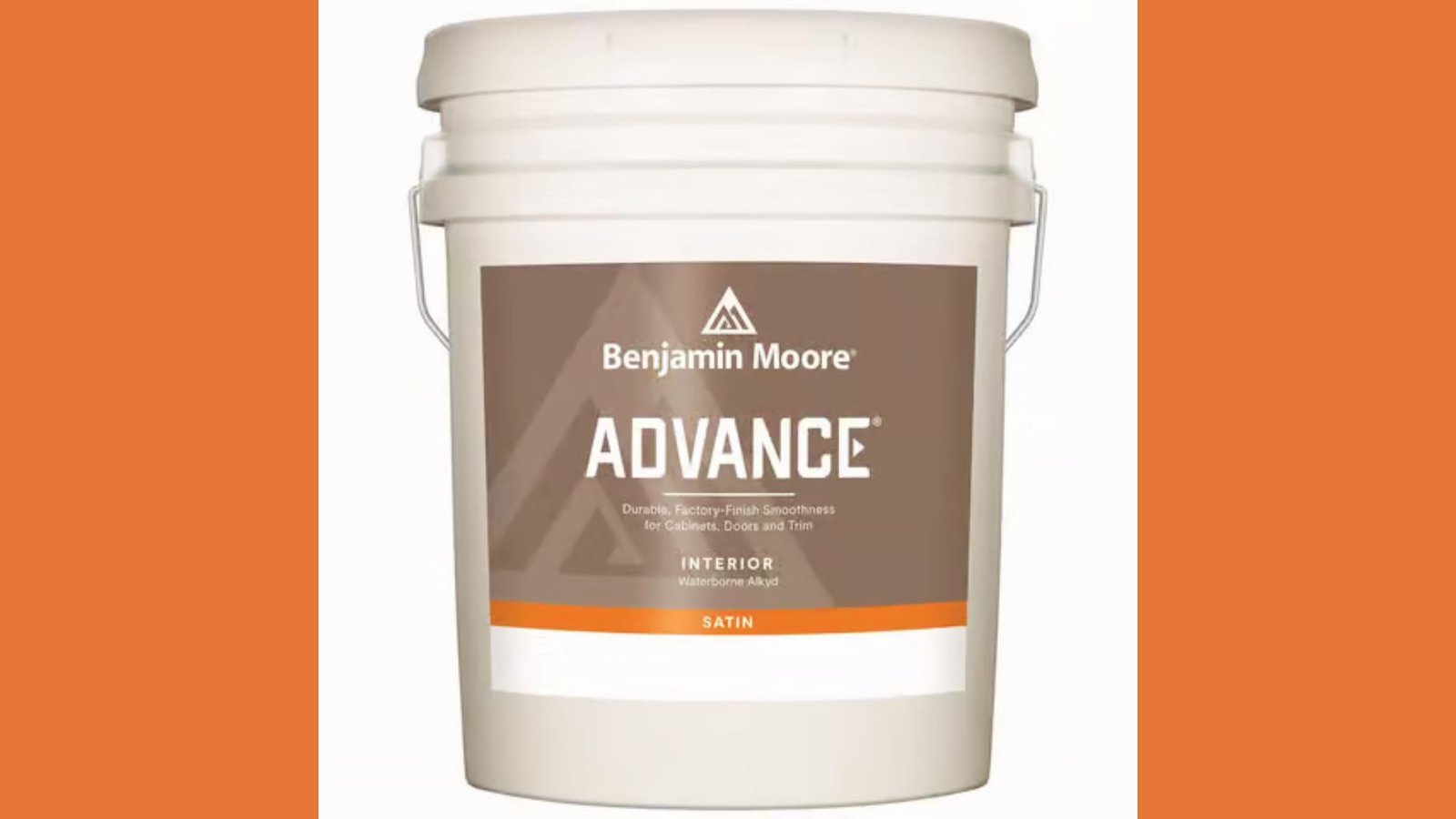 Benjamin Moore Advance interior satin trim paint bucket for cabinets, doors, and trim with factory finish smoothness