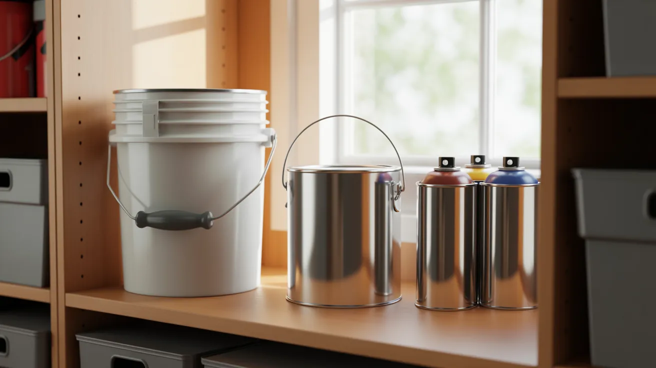 Different paint types displayed showing latex oil based and spray paint containers with varying shelf life comparison.