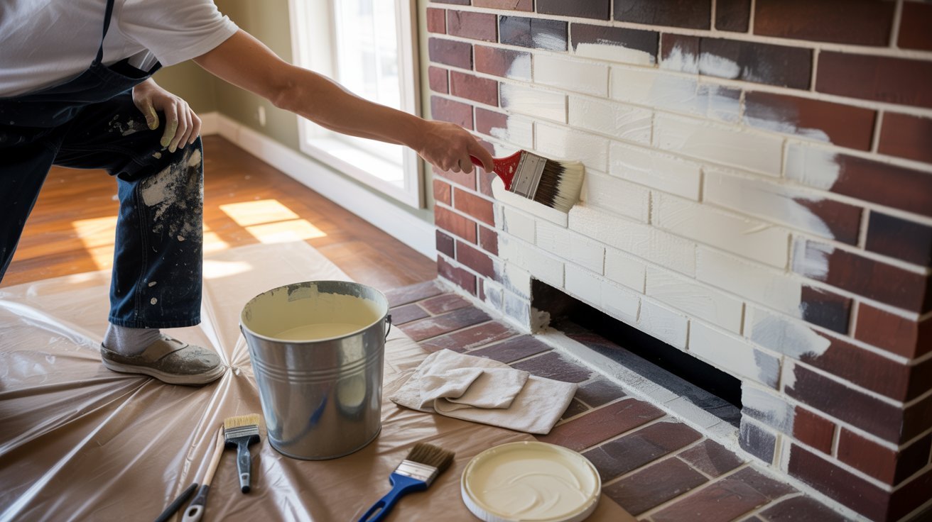 DIY limewash and whitewash fireplace project setup.