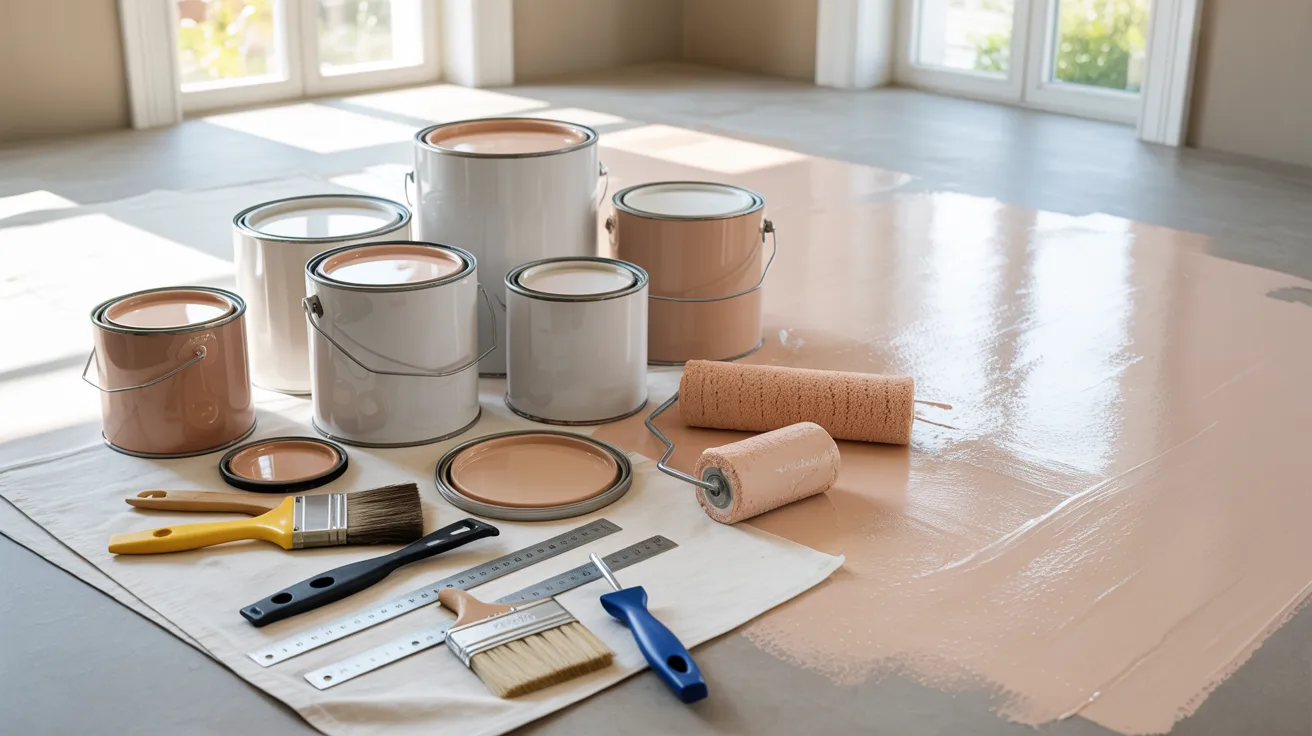 Paint cans and interior wall showing material quantity and coverage planning for home painting.